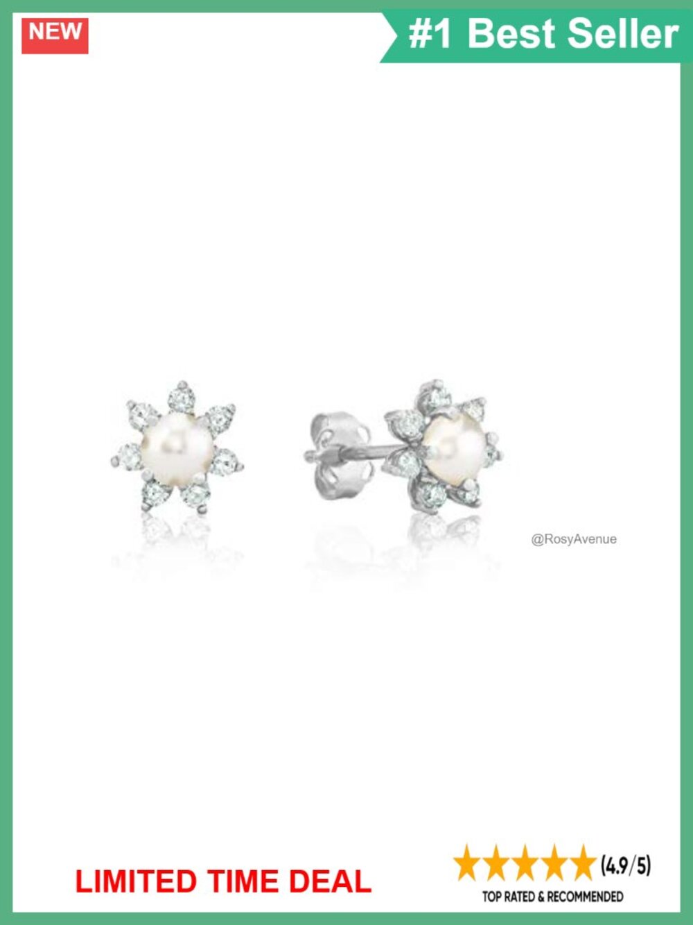 Solid 14K White Gold 4MM Pearl Diamond Halo Stud Earrings